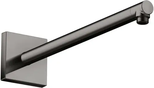 Brausearm in eckiger Form mit angeschlossenem Ende, montiert an einer Wandplatte. Ausgeführt in Schwarz-Chrom, hergestellt von AXOR.